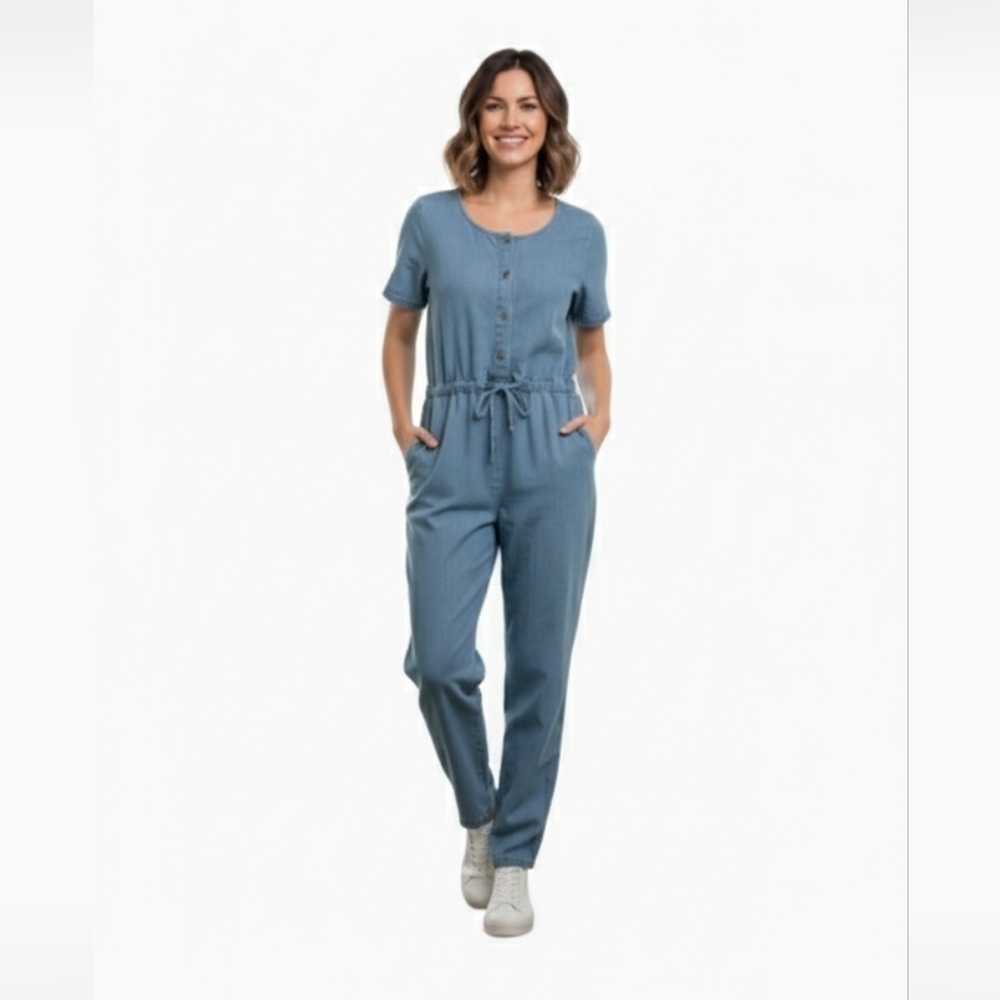 AJS DENIMWEAR 100% Cotton Denim Jumpsuit Relaxed Fit Elastic Waist Straight Leg